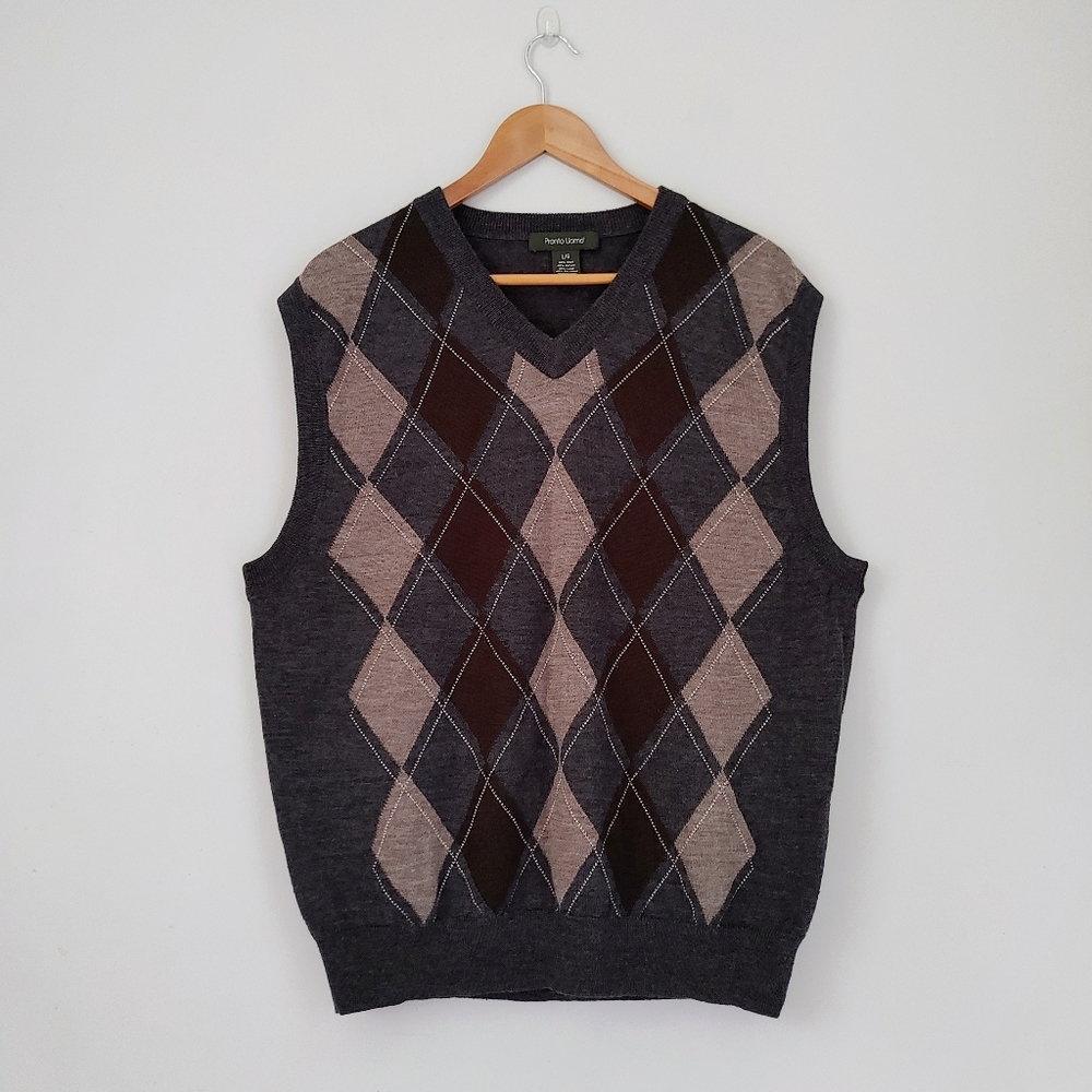 Pronto Uomo Knit Sweater Vest Argyle Size Large Wool Blend